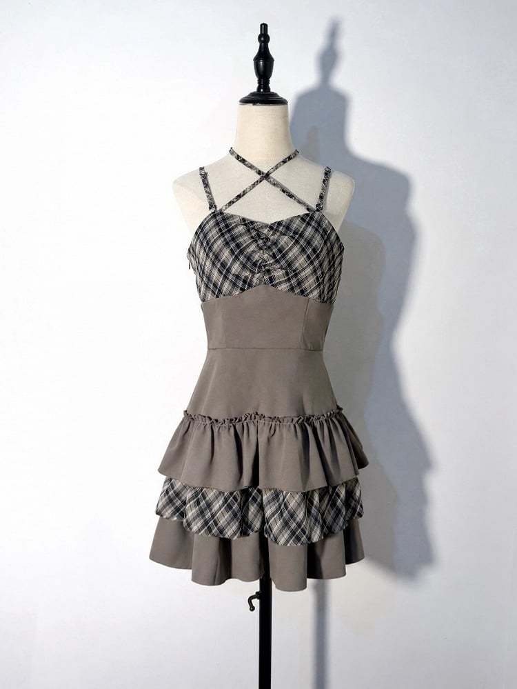 Chestnut Landmine Two-Piece Ensemble with Knit Cardigan and Plaid Halter Tiered Ruffle Dress - GingaU