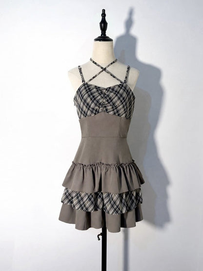 Chestnut Landmine Two-Piece Ensemble with Knit Cardigan and Plaid Halter Tiered Ruffle Dress - GingaU