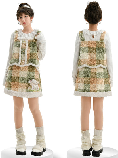 Green Cute Lamb Applique Plaid Fleece Skirt with Pockets
