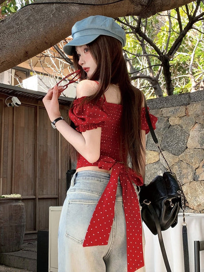 Red Square Neckline Short Sleeve Top with Polka Dot Pattern - Qchiwawameme