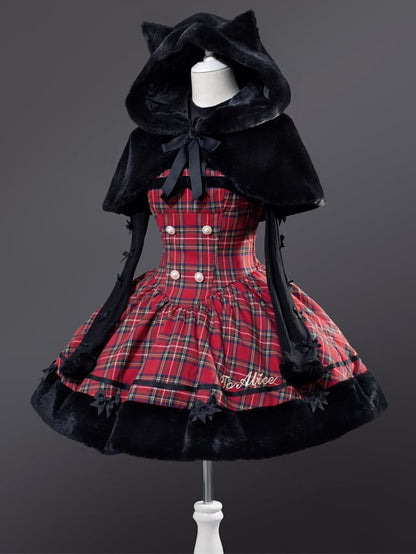 Weihnachten Rote Katzenohren Plüsch Saum Plaid Kleid Lolita Pullover Rock