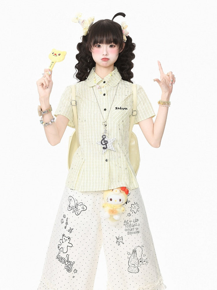 Yellow Plaid Short-Sleeve Shirt with Star Print and Necklace - Languid Park