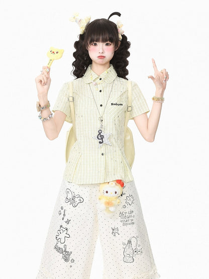 Yellow Plaid Short-Sleeve Shirt with Star Print and Necklace - Languid Park