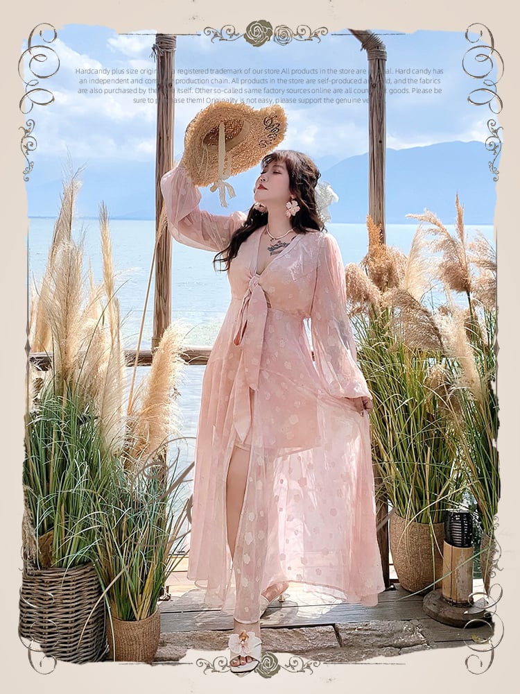 Kleid Rosa Pfirsichblütendruck Urlaub Übergröße Selbstbinden Schleife Vorne