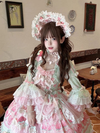 Printed Sweet Lolita Bonnet with Bows and Lace Trim - Ball Lolita