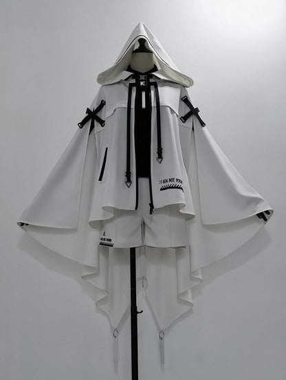 Cape Ouji and Cyberpunk High-low with White Lolita Hem Futuristic Buckle Straps Hooded