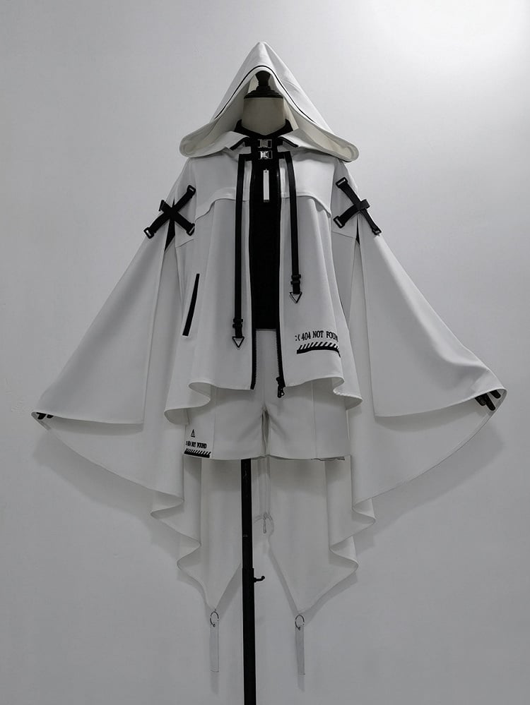 Straps Hem Ouji with High-low Hooded Cyberpunk and Lolita Buckle Cape White Futuristic