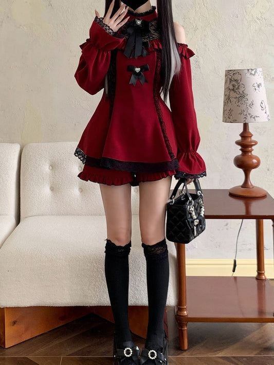 ヘムジライケイ ブラックセット ショートパンツ ミニネックライン カットアウトショルダー イリュージョンスカート ドレス レッド フリル