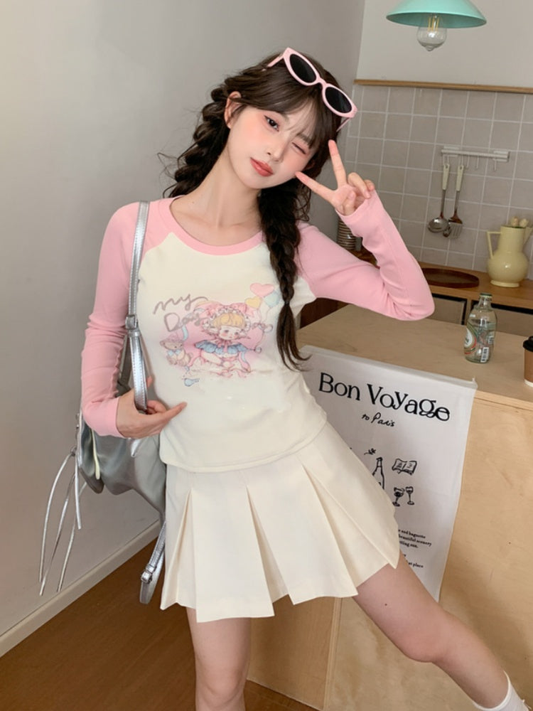 Top and Pink Slim-fitting Cartoon Girl Print Apricot Colorblock Design