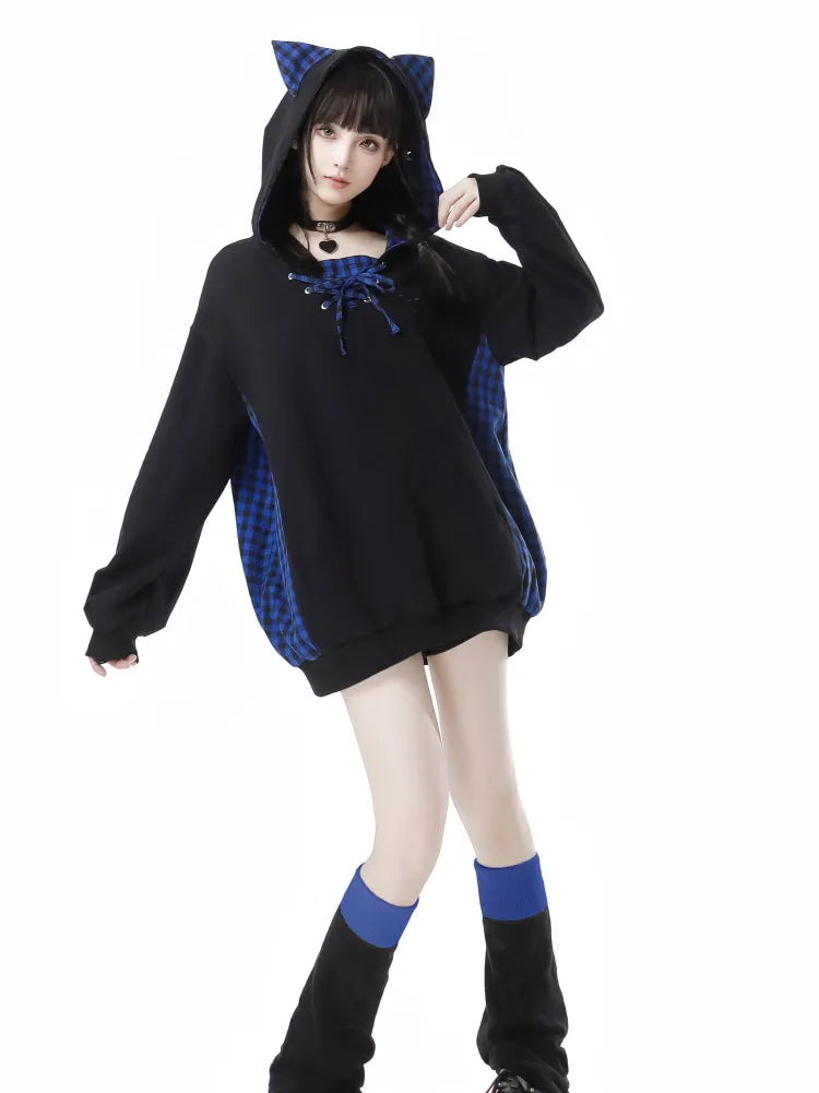 and Lace-up Detail Black Loose Dark Ears Hoodie Kitty Plaid Blue
