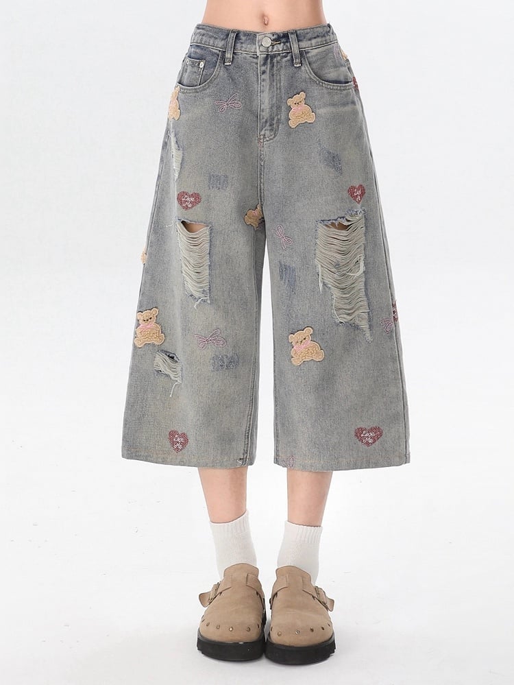 Light Gray Cropped Denim Jeans with Embroidered Bear & Distressed Design