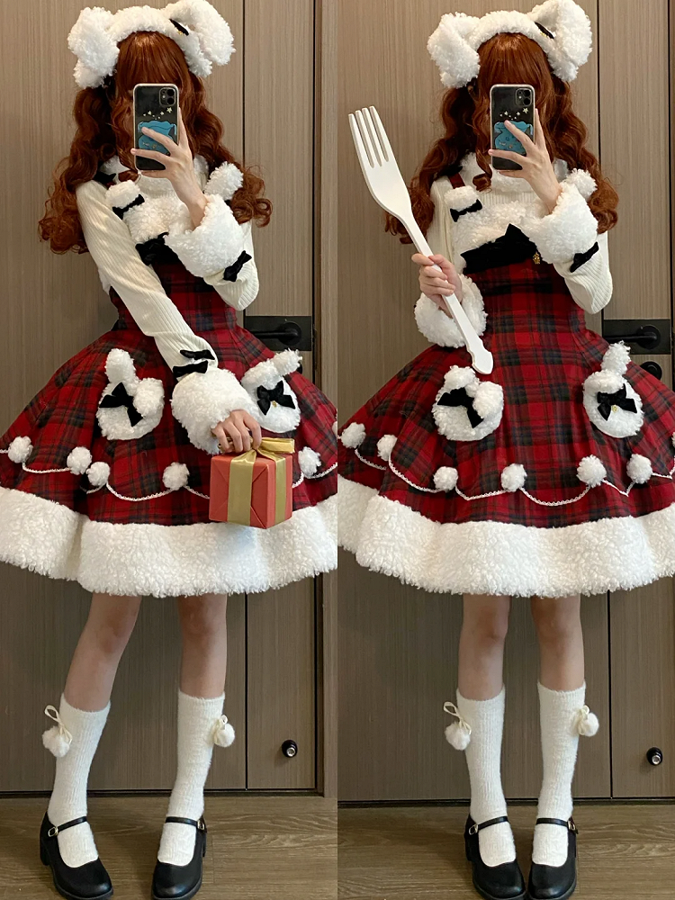 Lolita-Ausschnitt, Saum, Häschen, Ausverkaufsgröße, Oberweite, kariertes Thema, rotes Plüsch- und Musterkleid, Weihnachten, Winter, für L 92–102 cm