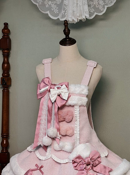 Pom-Poms Pink mit Lolita-Overall-Besatz, gewelltes süßes Kleid, weißer Schleifenrand und