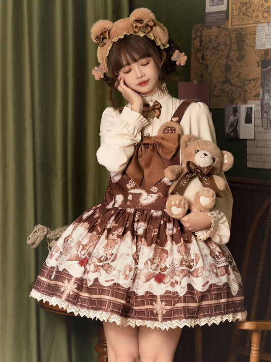 Coffee Chocolate Teddy Bear Lace Trim Big Bow Sweet Lolita Dress Jumper Skirt
