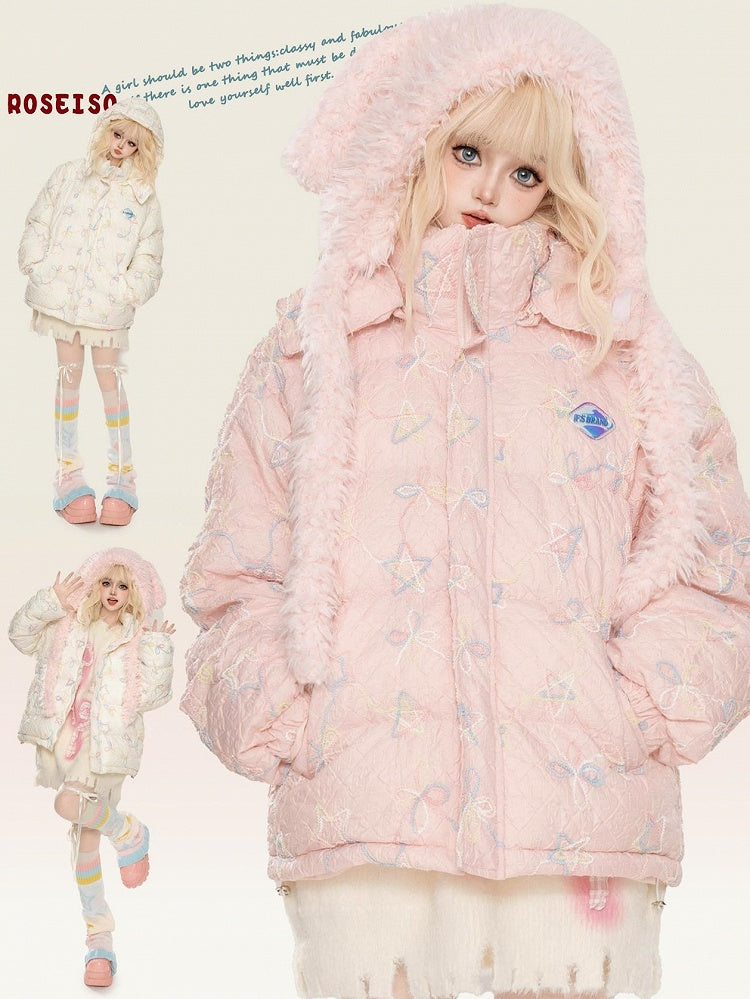 Milchweiß/Rosa dicke Kapuzenjacke mit Sternen und Schleifen