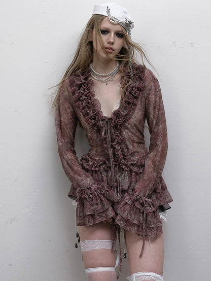 Pattern Ruffles Leopard Trim Sleeves Bell Shirt Purple