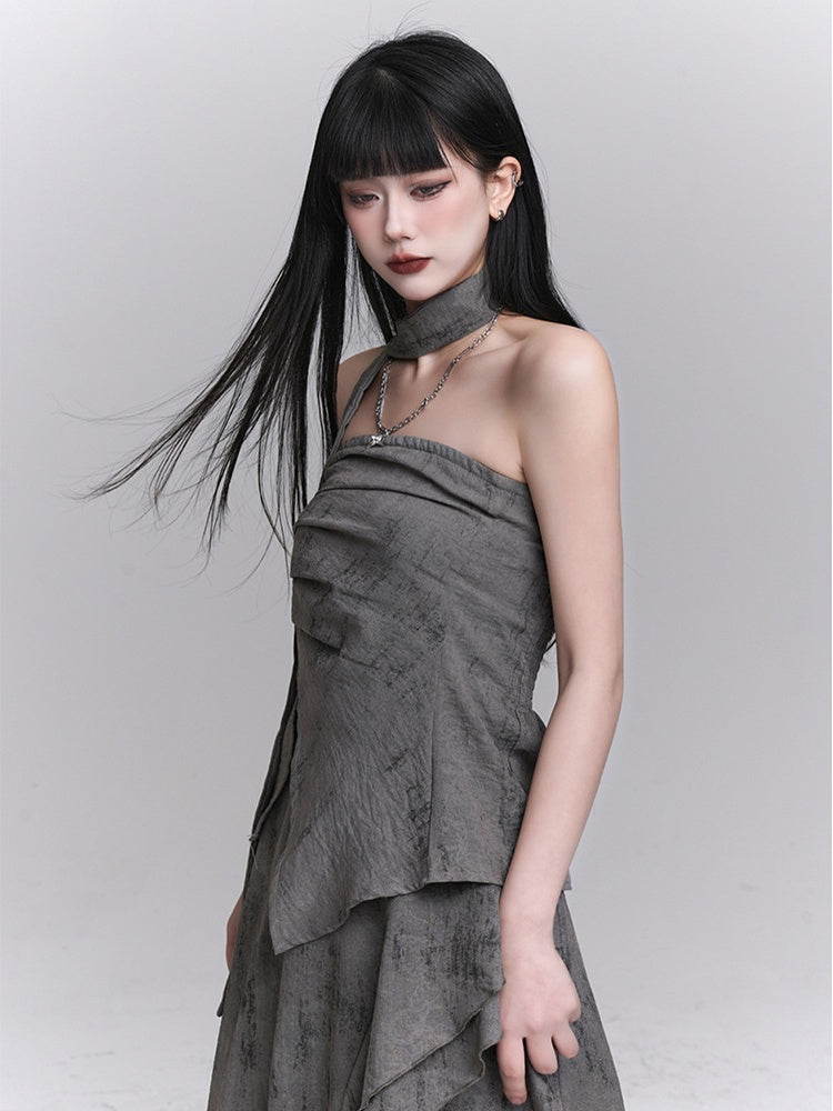 Gray Splatter Punk Matching Layered with Asymmetric Wasteland Neck Ruching Strap Bustier