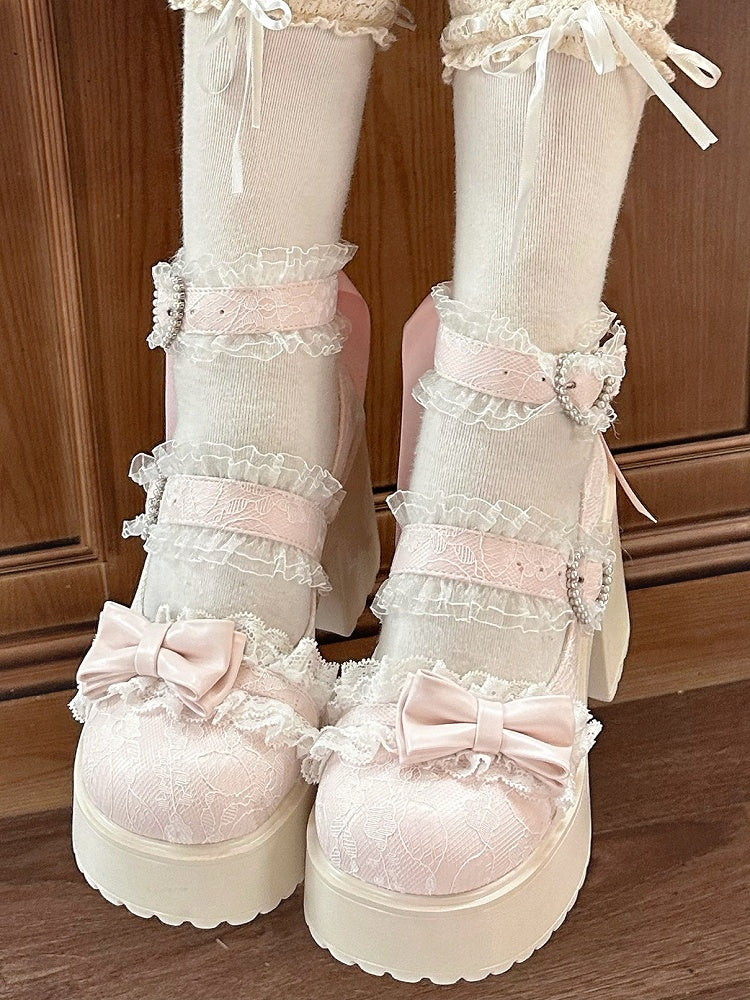 Jane Block Mary Straps Jirai Kei Pink with High - Heel Shoes Lace-Edged