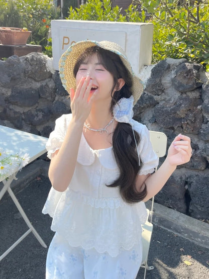 レーストリムブラウス ホワイト ピーターパンカラー パフスリーブ