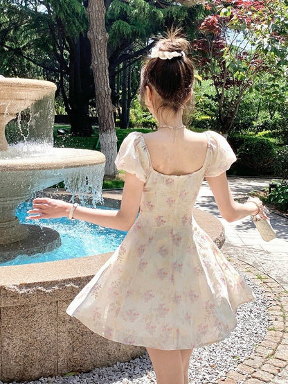 Yellow & Pink Floral Print Summer Holiday Dress - Qchiwawameme