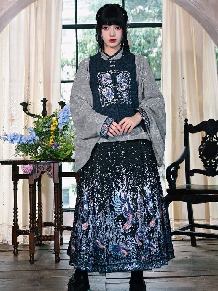 Chinese Vest Neck - Buttons Style Square Beaded Goldfish Navy Embroidery with Blue