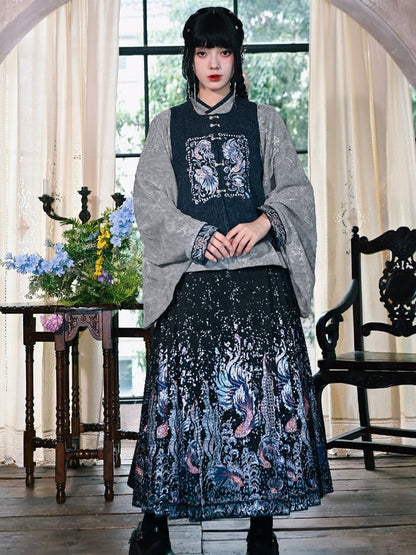 Chinese Vest Neck - Buttons Style Square Beaded Goldfish Navy Embroidery with Blue