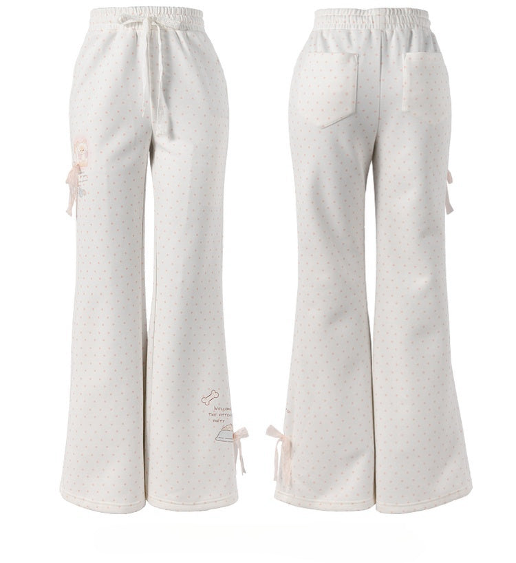 Schlaghose mit gepunkteter Spitze und Schleife, entzückendes Kätzchen-Print, Version Normal/Lang, Rosa, Weiß