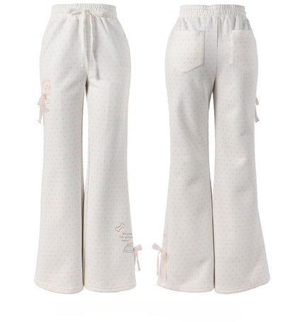 Schlaghose mit gepunkteter Spitze und Schleife, entzückendes Kätzchen-Print, Version Normal/Lang, Rosa, Weiß