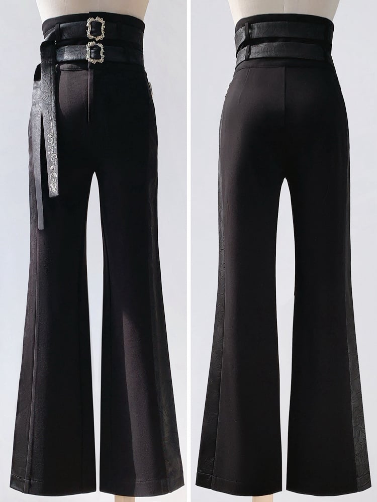 Schwarze Ouji Fashion Lolita-Hose mit hoher Taille und zwei Gürteln