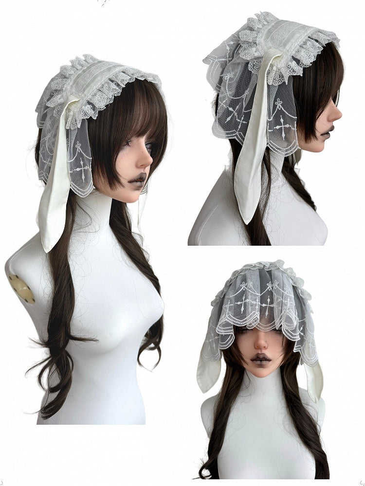 Black & White Lace Hairband with Bunny Ear and Veil - Damn Girl