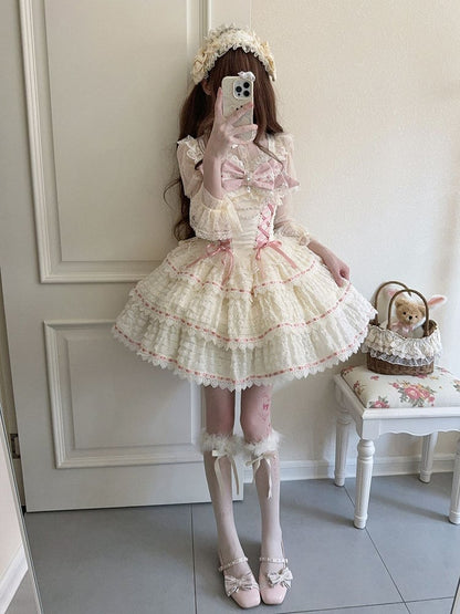 with Accent Chain Lolita Bow Apricot Dress Bead JSK Details Lace-up