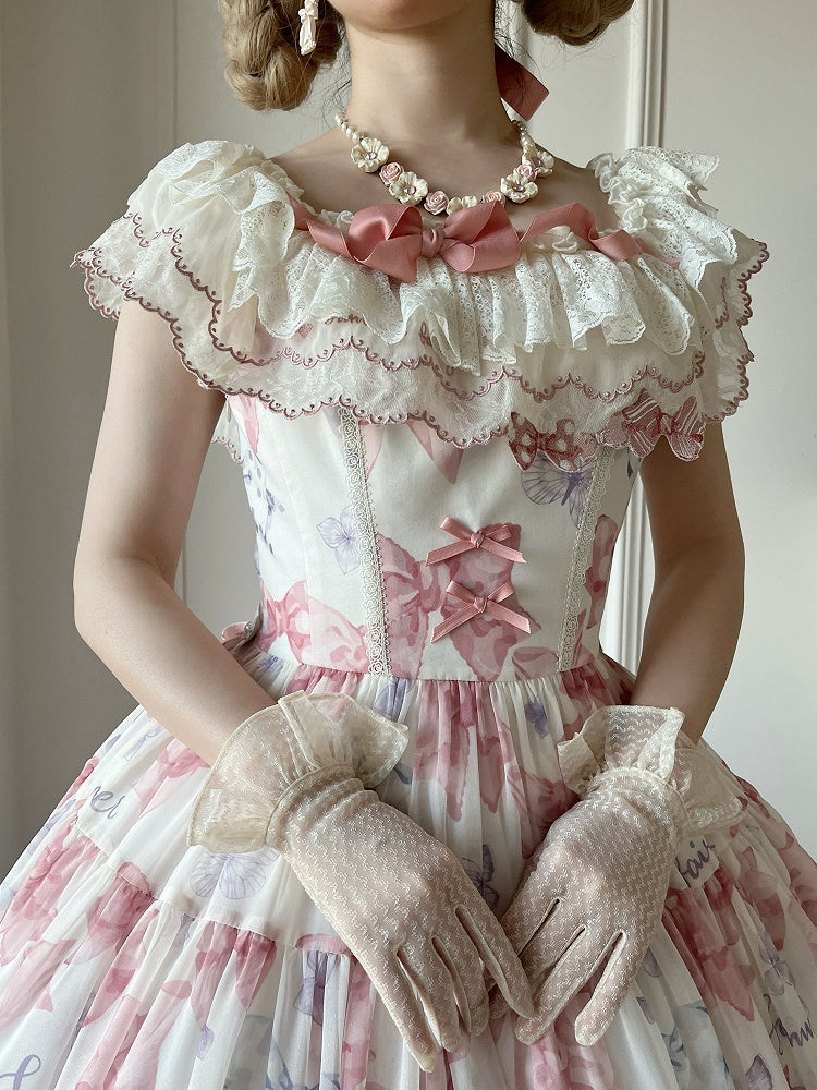 Pink Bows and Butterfly Print Lolita Dress Two Ways Wear Neckline