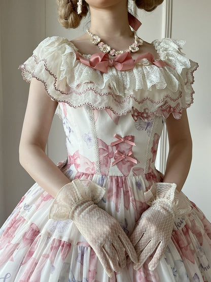 Pink Bows and Butterfly Print Lolita Dress Two Ways Wear Neckline