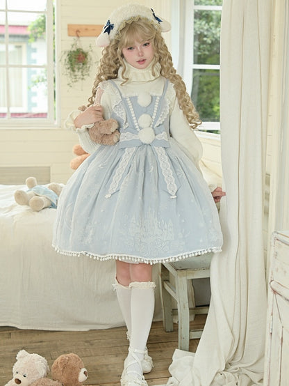 Lolita Jumper Cape Light Print Castle Skirt Plush Snow Moon with Trim Overlay Blue Set