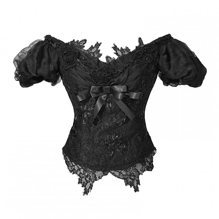Sleeves Top Puff Edwardian Off-the-shoulder Vintage Neckline and Black
