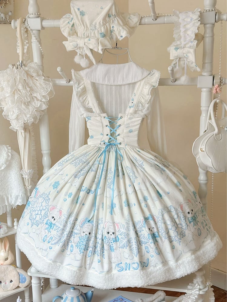 Off-white Sweet Winter Lolita Jumper Skirt with Bear and Snowflake Print