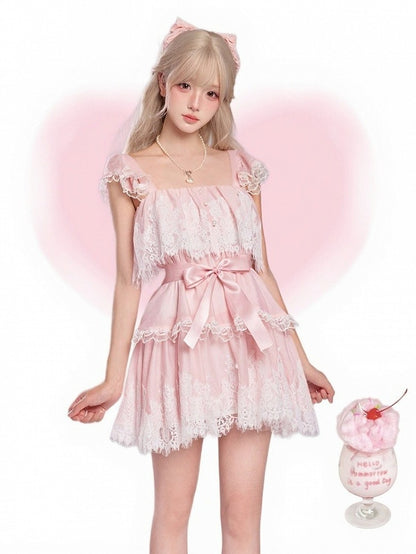 Pink Square Neck Flutter Sleeve Lace Dress - serendipity