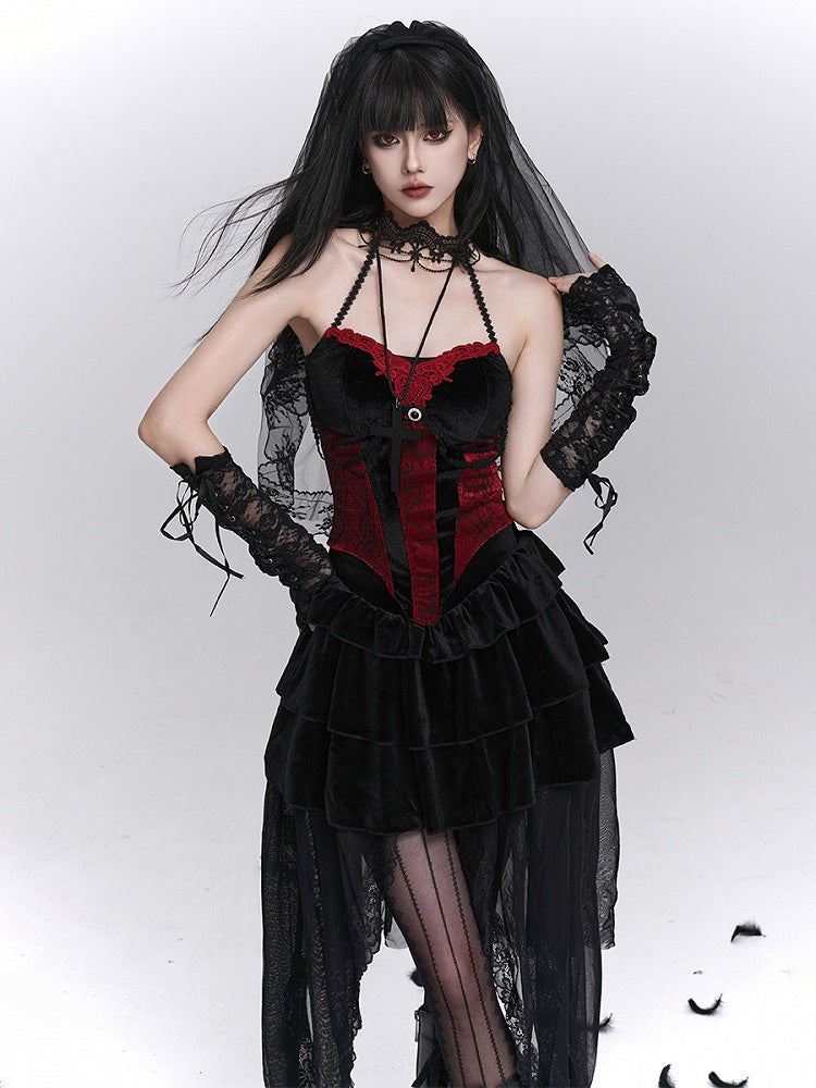 Neckholder-Bustier, Halloween-Gothic-Print, rot, mit schwarzem Top und Spinnennetz-Ausschnitt