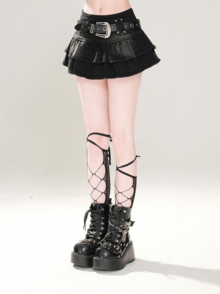 Free Tiered Skirt Belt Buckle Lined with Black Denim Glamorous