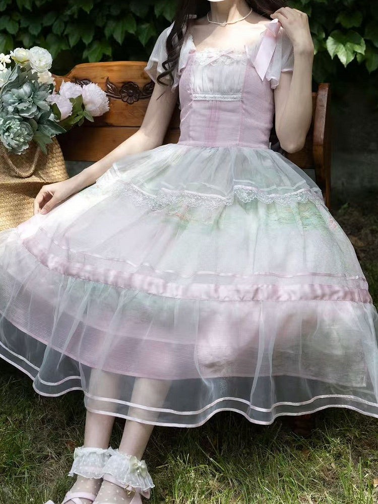 Oil Sleeves One Painting Water Lily Print Light Piece Pink Square Neckline and Flutter