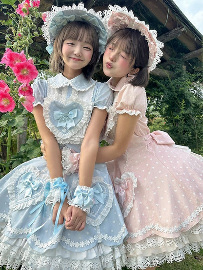 White Dot Applique Dress Sweet Accents with Blue Bow Polka Sweetheart Lolita Heart