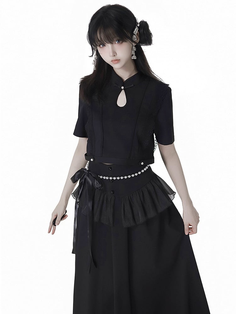 Black Cheongsam Collar Bead Details Short Sleeves Top