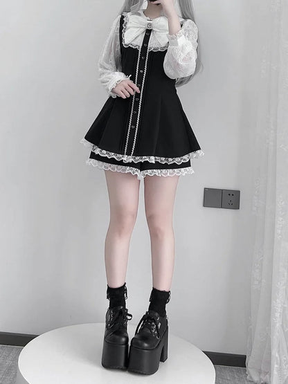 Jirai Kleid Kei Tailliertes Mini mit weißen Ärmeln Spitze Schwarz