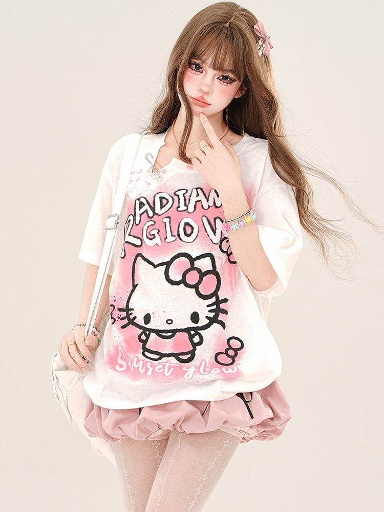 ピンク/ホワイト キティプリント ルーズTシャツ