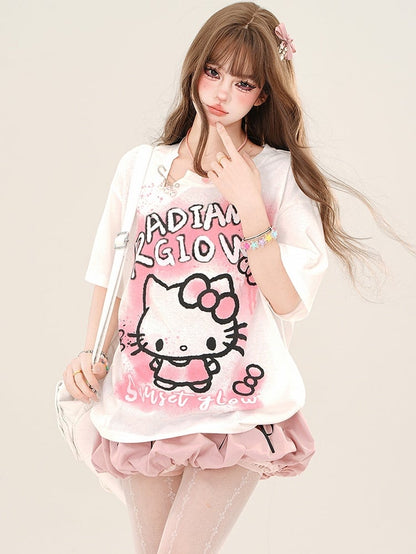 ピンク/ホワイト キティプリント ルーズTシャツ