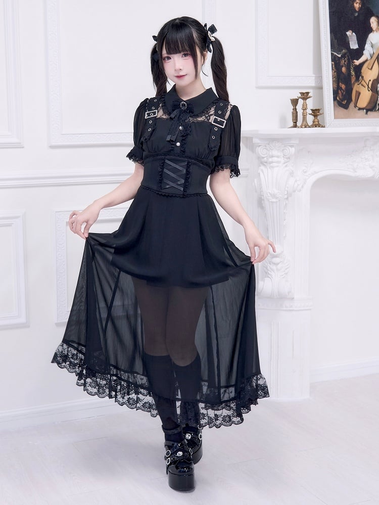 Illusion Black Neckline Dress Free Corset Jirai Buckle with Belt Adorned Kei Long