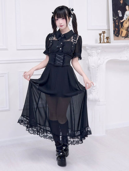 Illusion Schwarzes Ausschnittkleid Kostenloses Korsett Jirai Schnalle mit Gürtel verziert Kei Long
