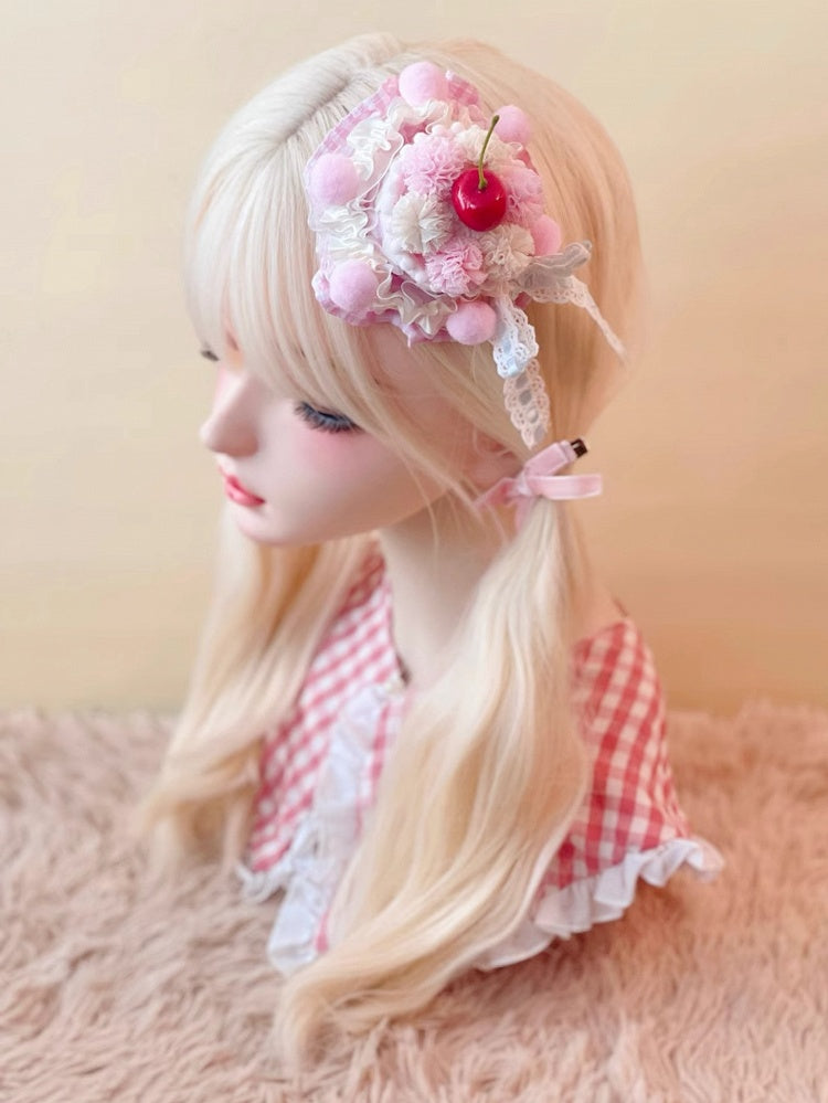 Pompoms Sweet Lolita Hat Cake Cherry Pink White with Mini