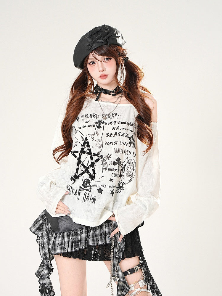 Grafisches Coverup, asymmetrischer Ausschnitt, Distressed-Löcher, Schwarz/Weiß