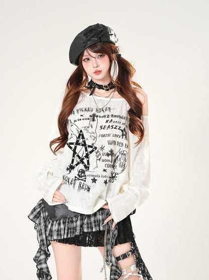 Graphic Coverup Asymmetrical Neckline Distressed Holes Black/White